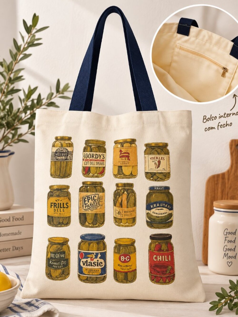 Vintage Style Pickle Jar Canvas Tote Bag 15"